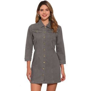 3/4 Sleeve Button Down Denim Shirt Dress Grey